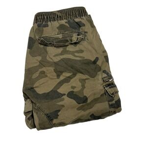 Grindhouse‎ Denim Cargo Shorts Mens Large Camo Elastic Waist Raw Hem Streetwear
